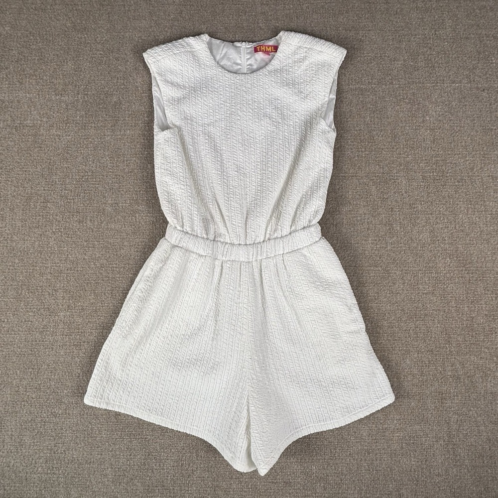 THML White Textured Sleeveless Romper with Elastic Waist